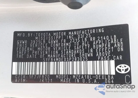 2025 Toyota Corolla Le из США, поврежденный, VIN 5YFB4MDEXSP283025